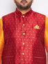 Vastramay Men's Plus Size Maroon Zari Weaved Nehru Jacket With Curved Kurta Dhoti set